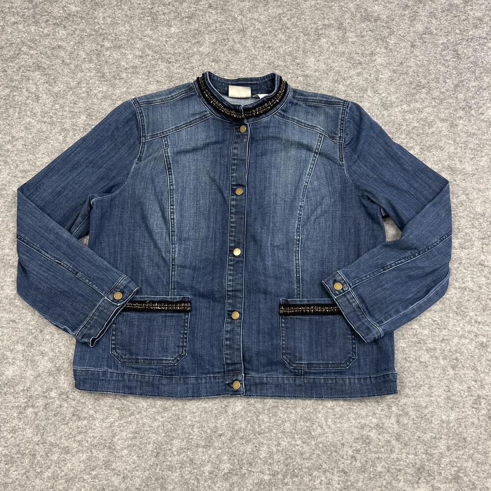 Chicos Jacket Womens XL Blue Denim Collared Snap Front Beaded Pocket Trim